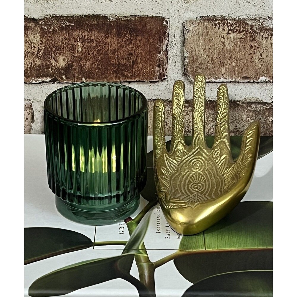 Ribbed Green Glass Votive Candle Holder Round Holiday Wedding Decor